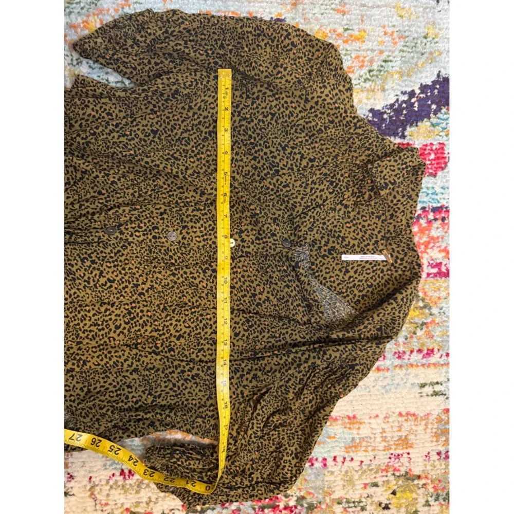 Free People Leopard‎ Print Tie Front Button Down Top Olive Green Brown Size S